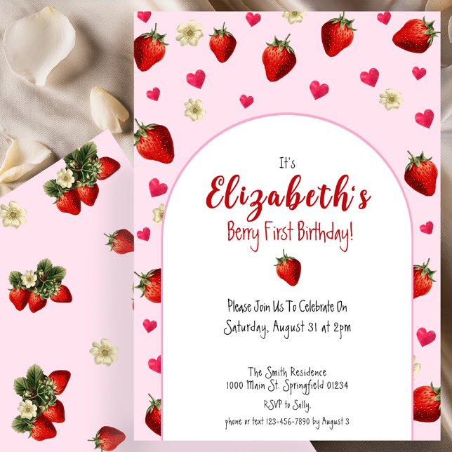 Berry First Birthday Strawberry Red and Rosa 1st Inbjudningar (Skapare uppladdad)