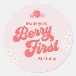 Berry First Birthday Strawberry Rosa Classic Round Runt Klistermärke
