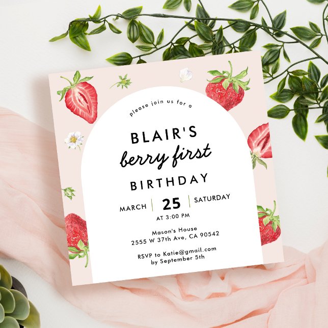  berry First Birthday Strawberry Square Inbjudningar (Skapare uppladdad)