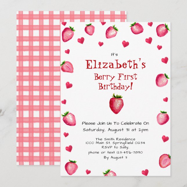Berry First Birthday Strawberry Summer Gingham 1st Inbjudningar (Fram/baksida)