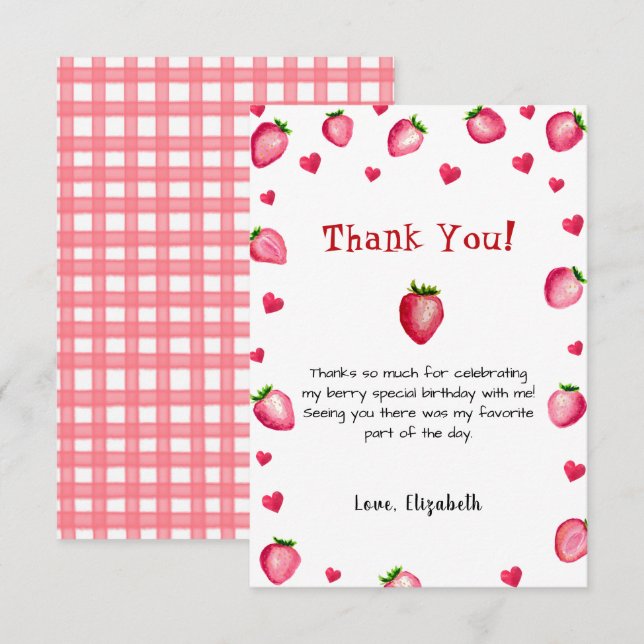 Berry First Birthday Strawberry Summer Gingham 1st Tack Kort (Fram/baksida)