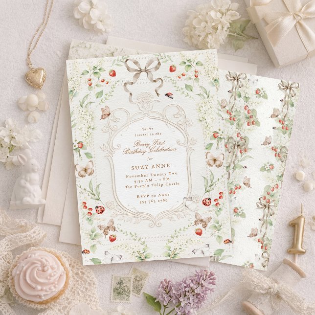 Berry First Birthday Vintage Floral Inbjudningar (Skapare uppladdad)