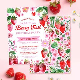 Berry First Birthday Watercolor Strawbär Inbjudningar