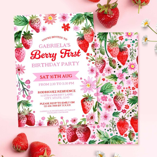 Berry First Birthday Watercolor Strawbär Inbjudningar (Berry First Birthday Watercolor Strawberries Invitation)