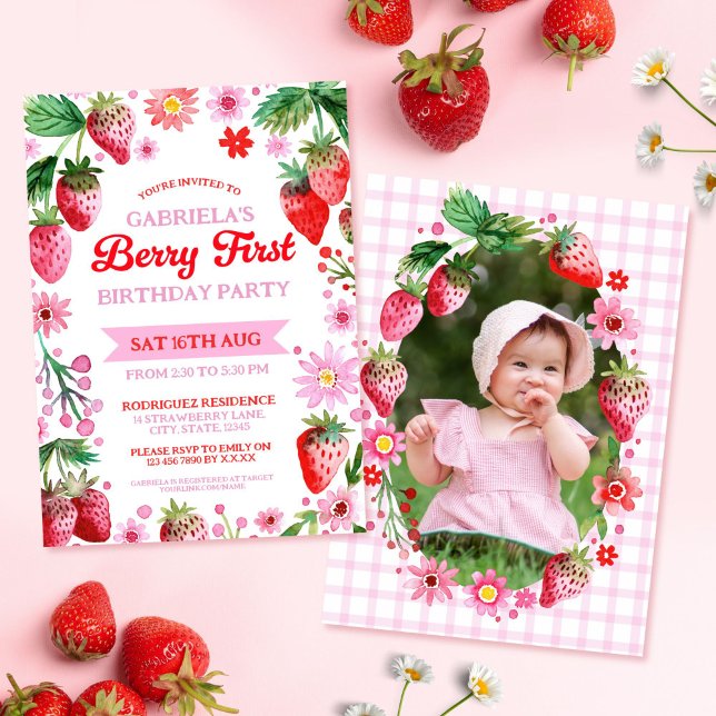 Berry First Birthday Watercolor Strawbär Photo Inbjudningar (Berry First Birthday Watercolor Strawberries Photo Invitation)