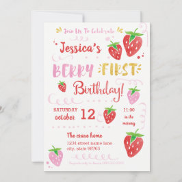 Berry First Birthday Watercolor Strawberry Party Inbjudningar