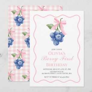 Berry First blåbär Rosa Bow Coquette födelsedag Inbjudningar