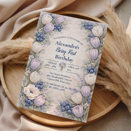 Berry First Blue Floral Garden 1st Birthday Inbjudningar