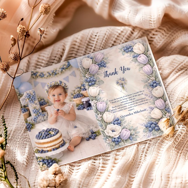 Berry First Blue Floral Garden 1st Birthday Tack Kort (Skapare uppladdad)