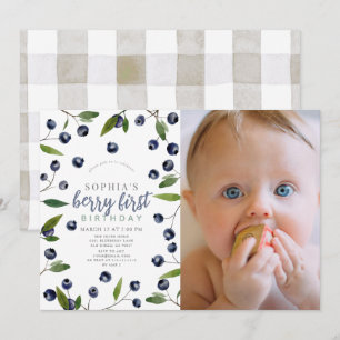 Berry First Blueberry Greenery 1st Birthday Photo Inbjudningar