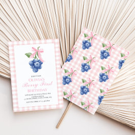 Berry First Blueberry Rosa Bow Coquette-födelsedag Inbjudningar