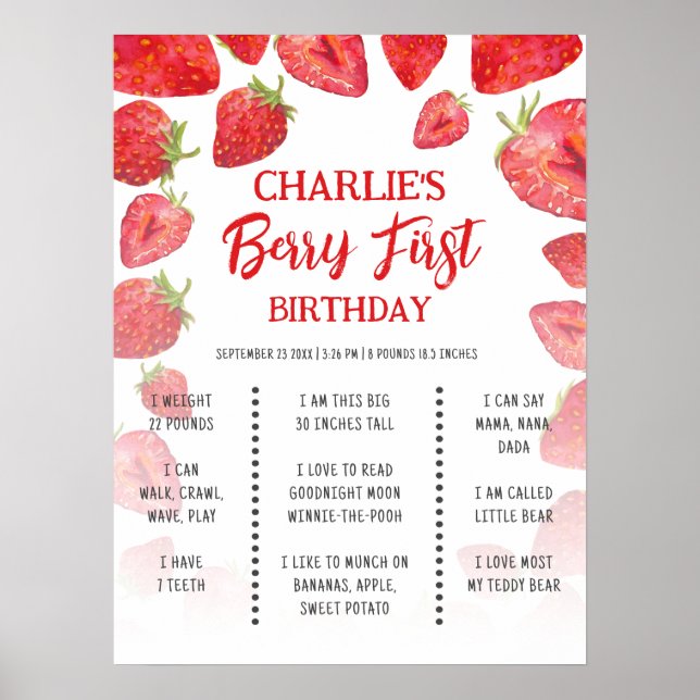 Berry First Boho Strawberry Birthday Milestone Poster (Framsidan)