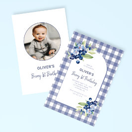 Berry First Boys Photo Blue 1 Birthday Inbjudningar