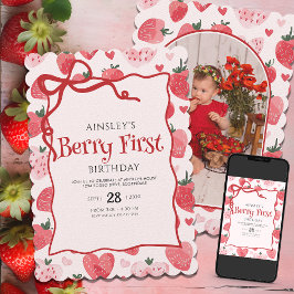 Berry First Coquette Rosa Bow Photo 1st Birthday Inbjudningar