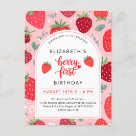 Berry First Cute 1:a födelsedag Jordgubbsflicka Inbjudan Vykort