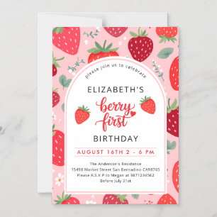Berry First Cute 1:a födelsedag Jordgubbsflicka Magnetisk Inbjudningskort