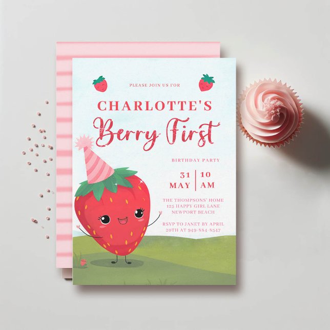 Berry First Cute Strawberry Character 1:a födelsed Inbjudningar (girl berry first birthday party invitation cute watercolor strawberry character)
