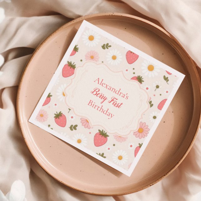Berry First | Cute Strawberry Girl 1:a födelsedage Pappersservett (Skapare uppladdad)