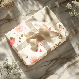 Berry First | Cute Strawberry Girl 1:a födelsedage Presentpapper