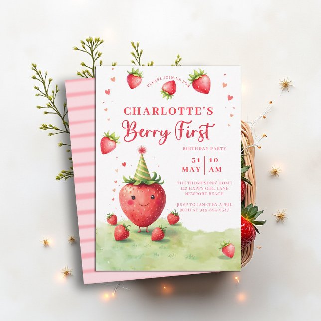 Berry First Cute Strawberry Patch 1st Birthday Inbjudningar (berry first birthday party invitation girls cute strawberry 1st watercolor summer farmhouse cottage )