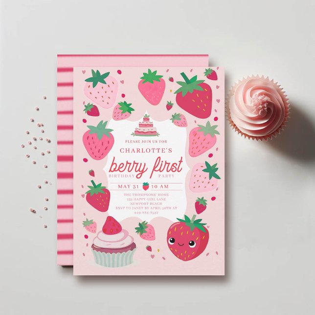 Berry First Cute Strawberry Ram Red 1:a födelsedag Inbjudningar (berry first birthday invitation 1st party girl pink red watercolor strawberries cute frame)