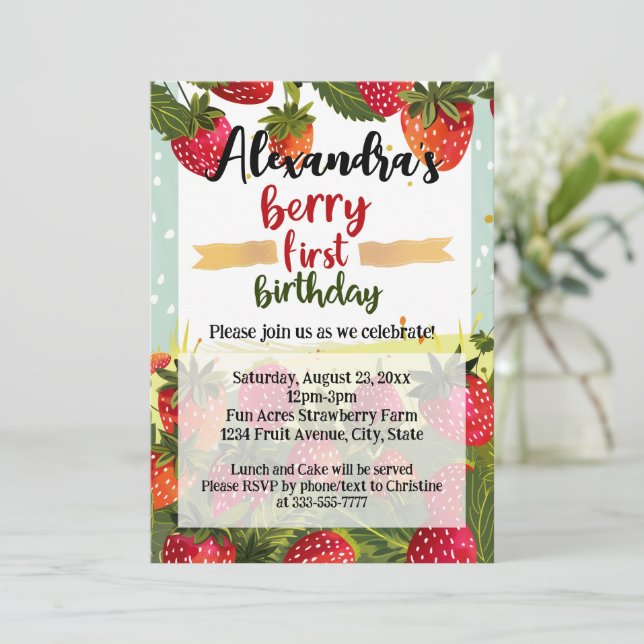 Berry First Födelsedagsfest Girls Strawberry 1:a Inbjudningar (Stående Fram)