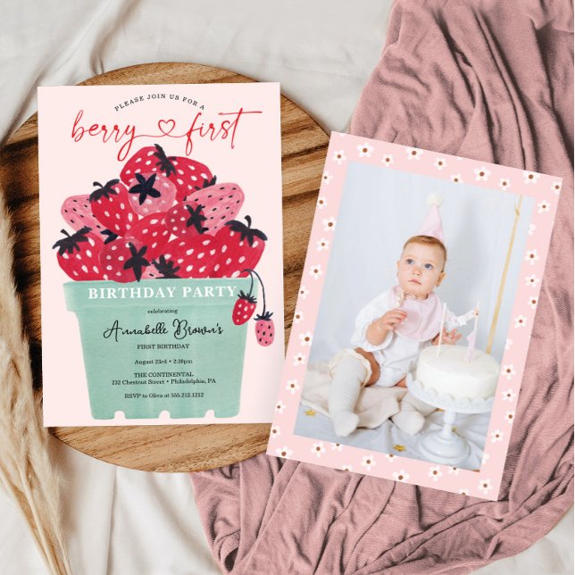 Berry First Födelsedagsfest med Photo Strawberry Inbjudningar (Berry First Birthday Invitation)