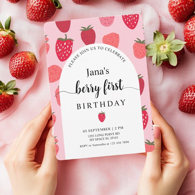 Berry First Födelsedagsfest | Röd och Rosa jordgub Inbjudningar (Skapare uppladdad)