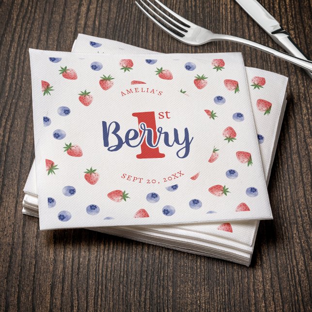 Berry First Födelsedagsfest Strawberry & Blueberry Pappersservett (Berry First Birthday Party Strawberry & Blueberry Napkins
)