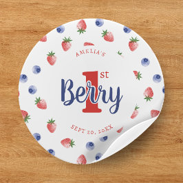 Berry First Födelsedagsfest Strawberry & Blueberry Runt Klistermärke