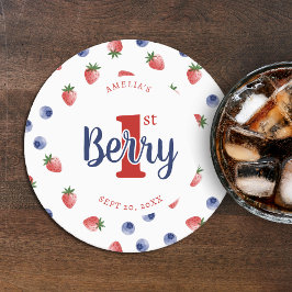 Berry First Födelsedagsfest Strawberry & Blueberry Underlägg Papper Rund