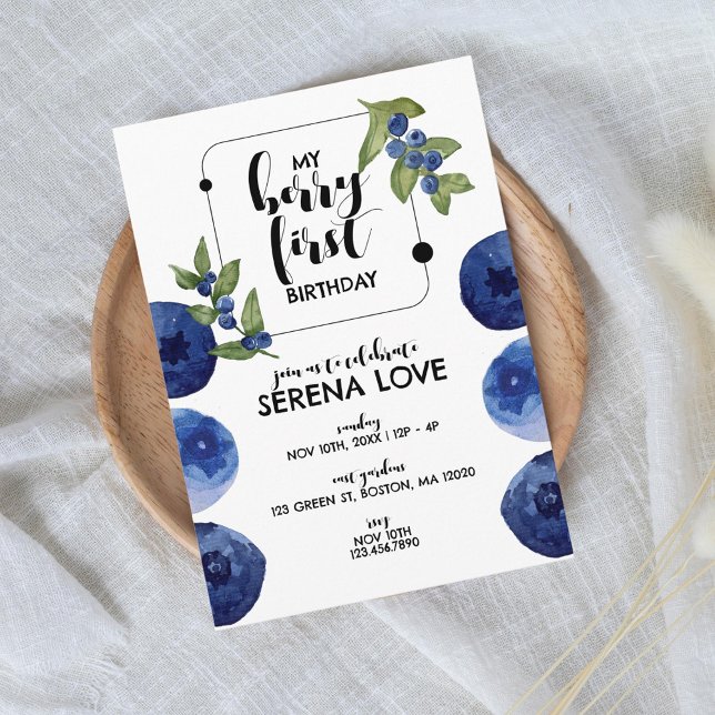 Berry First | Första födelsedag | Blåbär | Vit Inbjudningar (Skapare uppladdad)