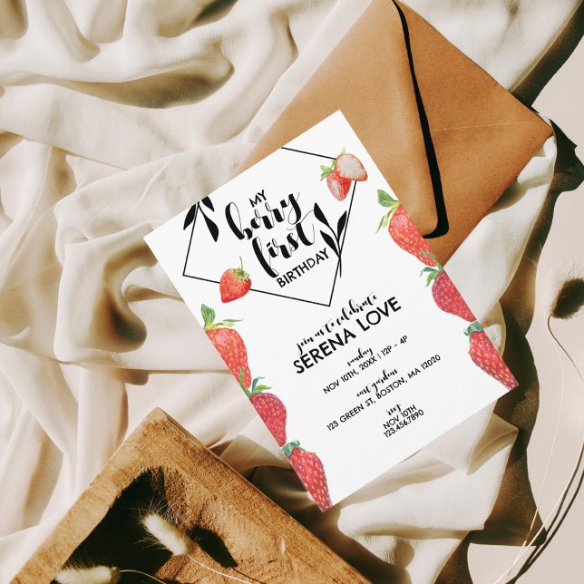 Berry First | Första födelsedag | Jordgubbar | Vit Inbjudningar (Skapare uppladdad)