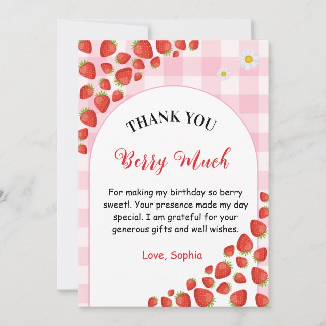 Berry first gingham birthday Thank You Card Kort (Framsida)