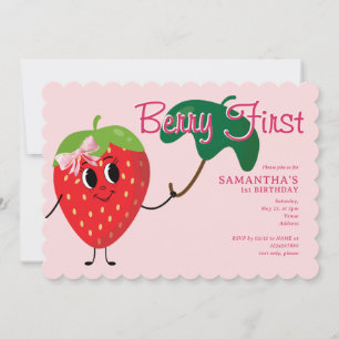Berry First Girl Tecknad Strawberry 1:a födelsedag Inbjudningar