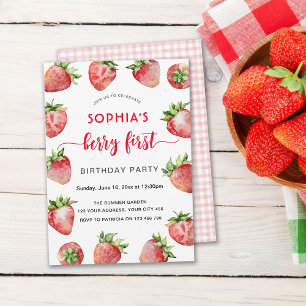 Berry First Jordgubbs Födelsedag Inbjudningar