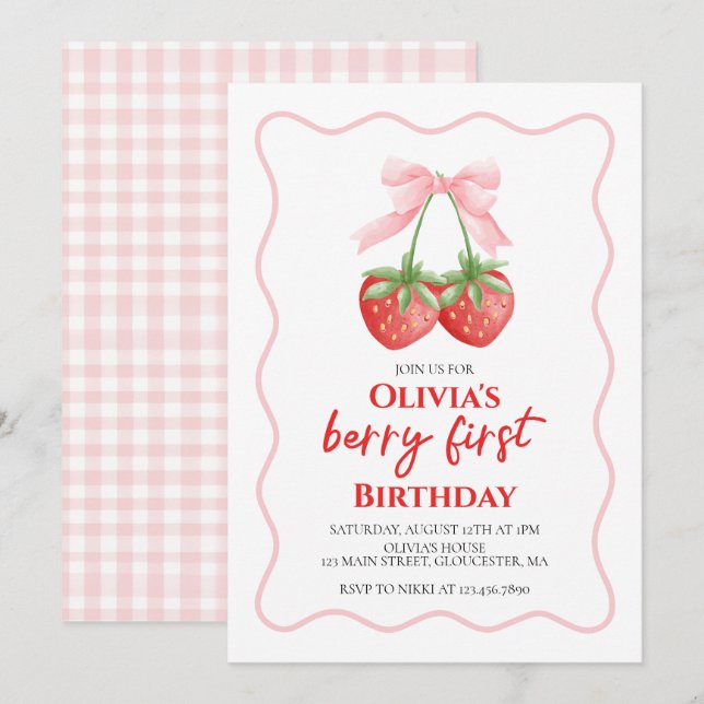 Berry First Jordgubbs Rosa Båge 1-årsdag Inbjudningar (Fram/baksida)