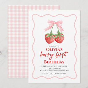 Berry First Jordgubbs Rosa Båge 1-årsdag Inbjudningar