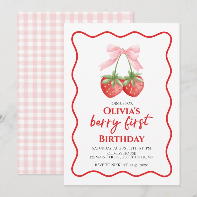 Berry First Jordgubbs Rosa Båge 1-årsdag Inbjudningar (Fram/baksida)
