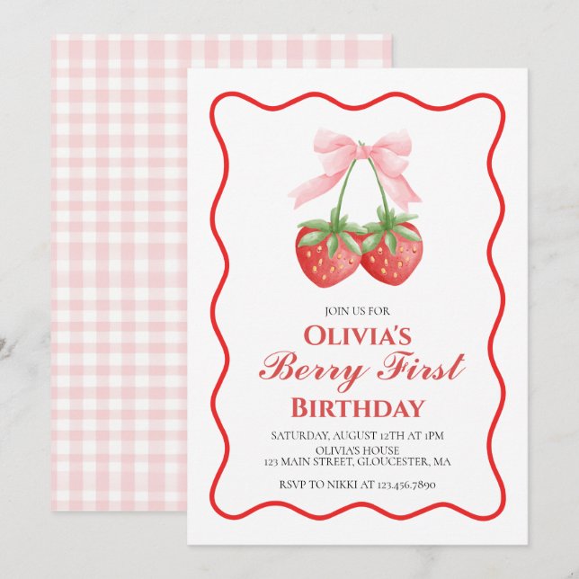 Berry First Jordgubbs Rosa Båge 1-årsdag Inbjudningar (Fram/baksida)