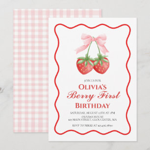 Berry First Jordgubbs Rosa Båge 1-årsdag Inbjudningar