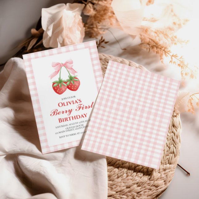 Berry First Jordgubbs Rosa Båge 1-årsdag Inbjudningar (Skapare uppladdad)