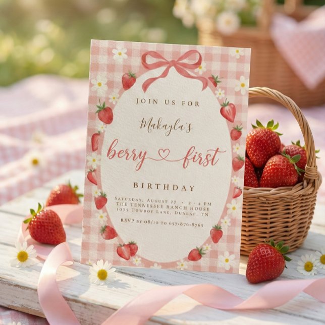 Berry First Jordgubbs Rosa Gingham 1-årsdag Inbjudningar (Skapare uppladdad)