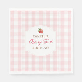 Berry First Jordgubbs Rosa Gingham Födelsedagsfest Pappersservett