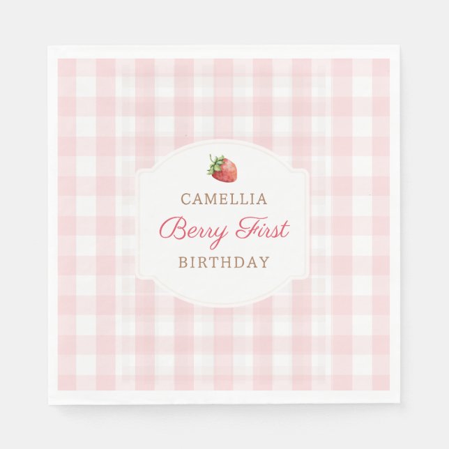 Berry First Jordgubbs Rosa Gingham Födelsedagsfest Pappersservett (Framsidan)