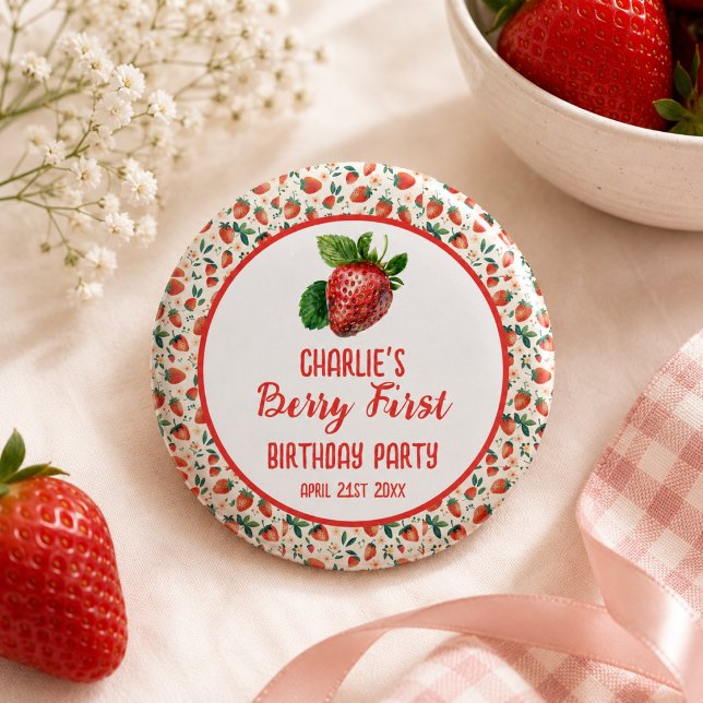 Berry First Jordgubbs Tjej 1:a Födelsedagsfirande  Knapp (Berry First Strawberry Girl 1st Birthday Party Button)