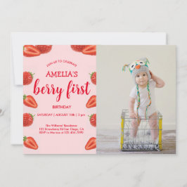 Berry First | Jordgubbsfoto 1:a födelsedag rosa Inbjudningar