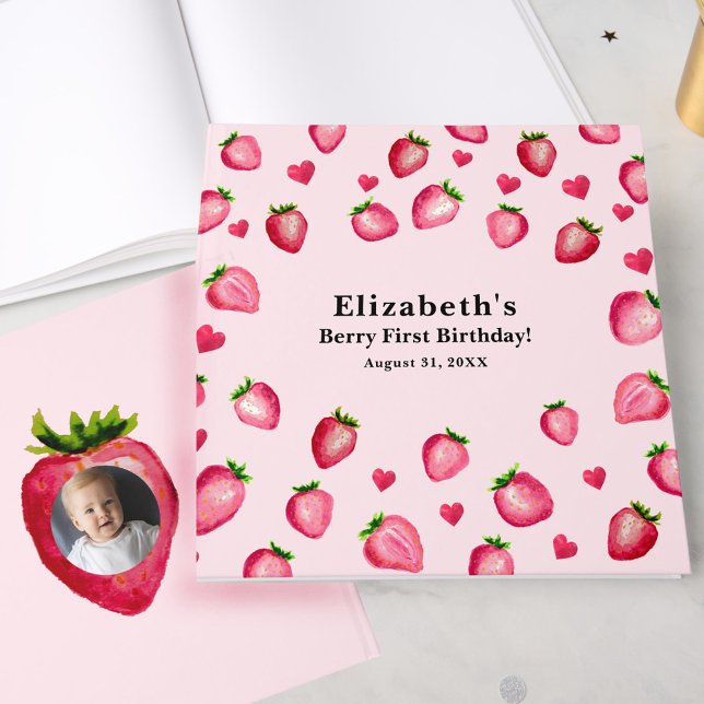Berry First Pink Birthday Strawberry Custom Photo Gästböcker (Skapare uppladdad)