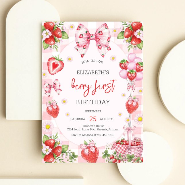 Berry First Pink Bow Jordgubbs Födelsedag Inbjudningar (Skapare uppladdad)