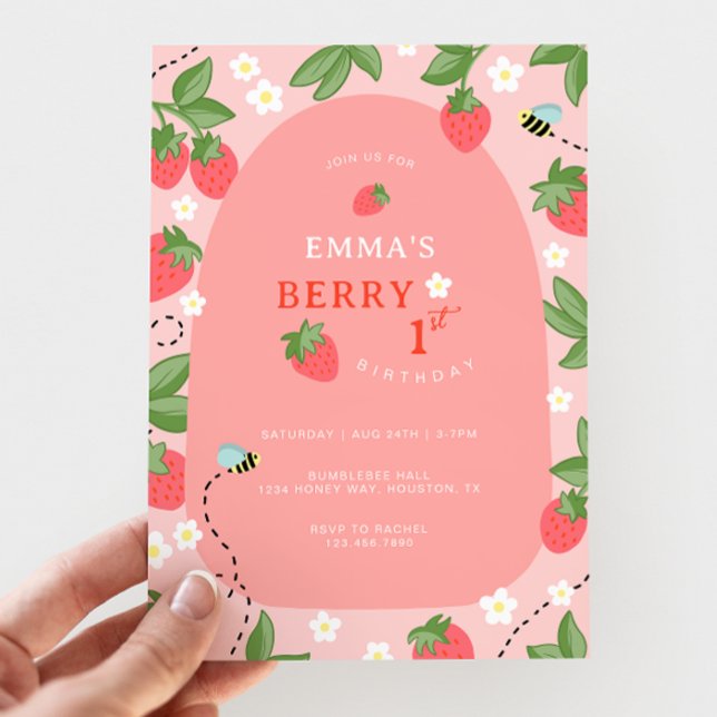 Berry First Pink Strawberry Bees Birthday Party Inbjudningar (Skapare uppladdad)
